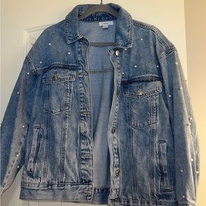 Oversized jean jacket with pearl details